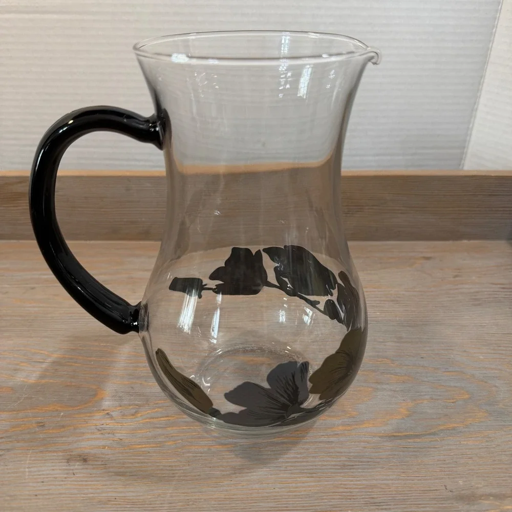 Vintage Arcoroc Hand Blown Glass Pitcher Black Handle Floral Charcoal Olive Gold